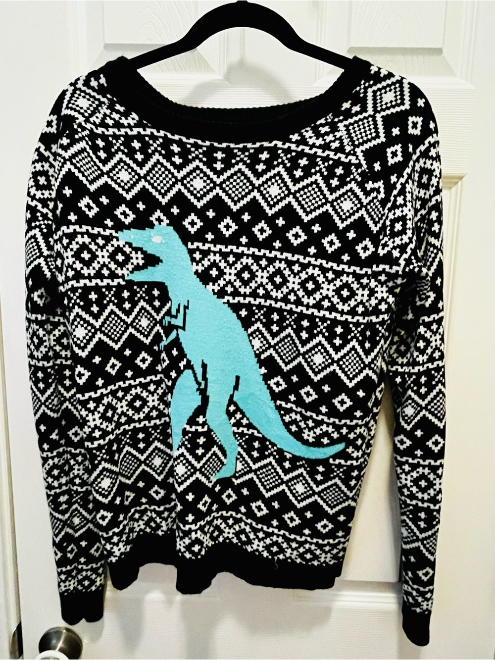Xhilaration Black & Aqua Dinosaur Fair Isle Crewneck Sweater - Women